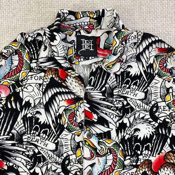 Ed Hardy "Death Before Dishonor" Button Down Shirt Graphic Print Men's S Skulls - Picture 2 of 8